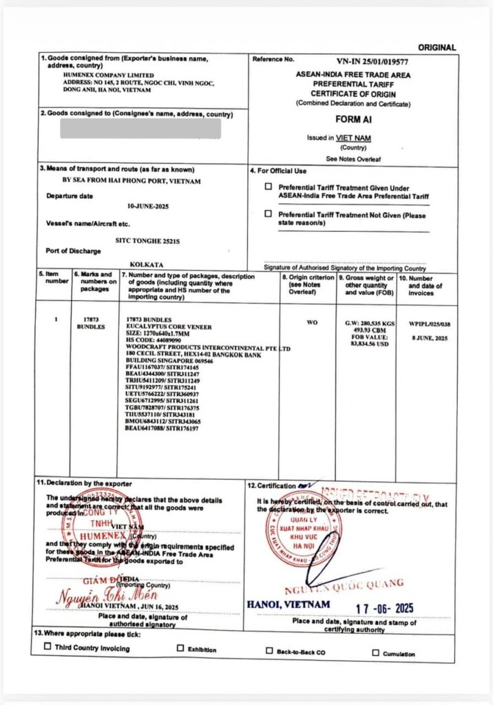 Fumigation certificate for Vietnam wood core veneer