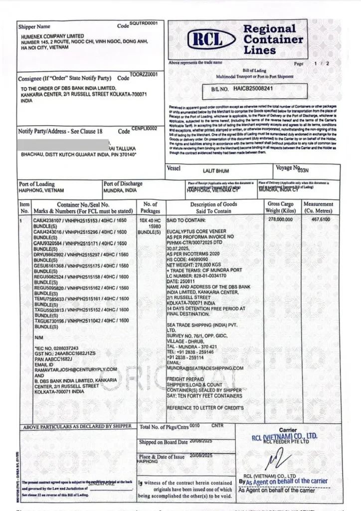 bill-of-lading-core-veneer-export-vietnam